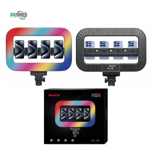 NeePho MJ-48 RGB Square Ring Light – 360° Rotation, 4 Phone Holders
