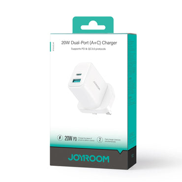 Joyroom 20W Dual-Port Fast Charger (USB-A + USB-C) – UK Plug, White (JR-TCF21)