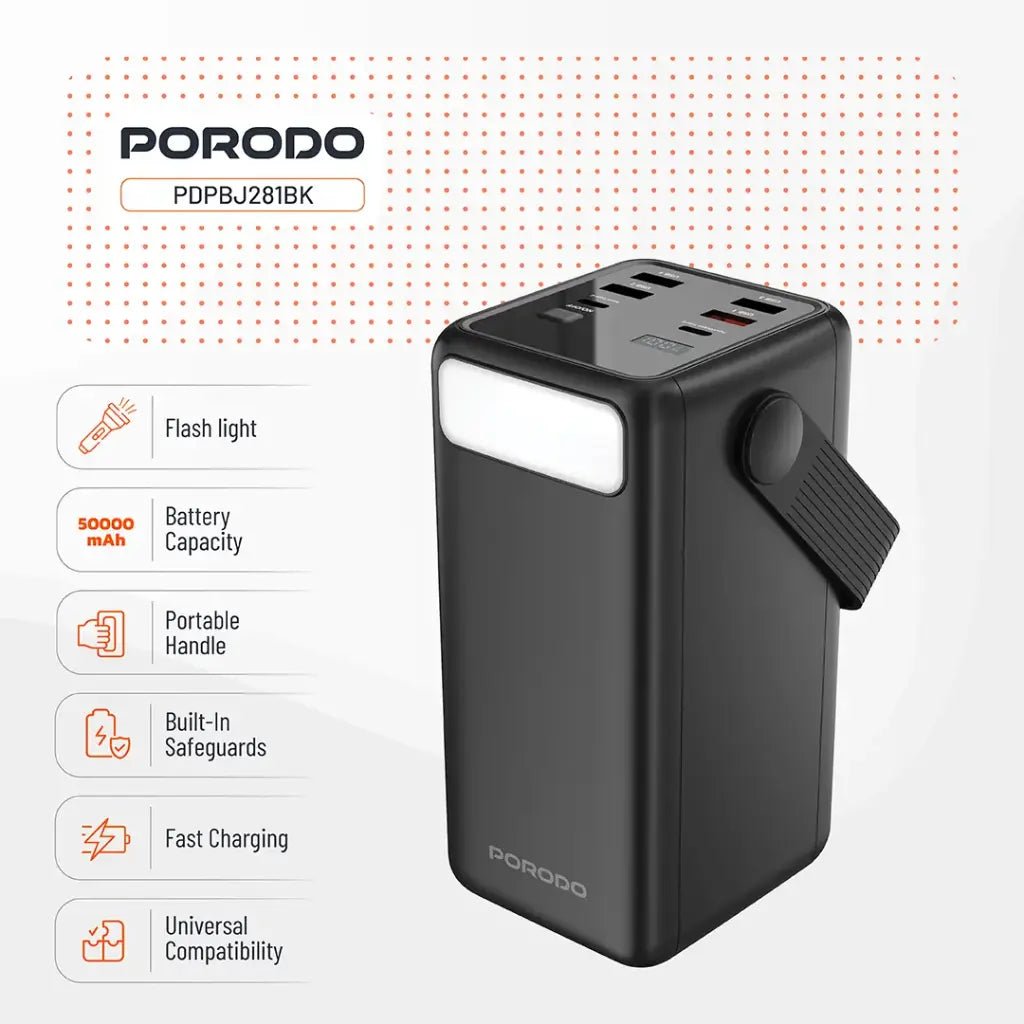 50,000mAh Power Bank Porodo Lara with Integrated Cables & Flashlight - Black - Saif Al Najmi KwPOWER STATIONPorodoSaif Al Najmi Kw50,000mAh Power Bank Porodo Lara with Integrated Cables & Flashlight - Black
