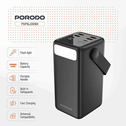 50,000mAh Power Bank Porodo Lara with Integrated Cables & Flashlight - Black - Saif Al Najmi KwPOWER STATIONPorodoSaif Al Najmi Kw50,000mAh Power Bank Porodo Lara with Integrated Cables & Flashlight - Black