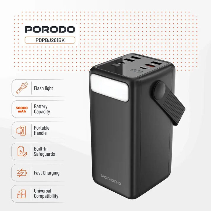 50,000mAh Power Bank Porodo Lara with Integrated Cables & Flashlight - Black - Saif Al Najmi KwPOWER STATIONPorodoSaif Al Najmi Kw50,000mAh Power Bank Porodo Lara with Integrated Cables & Flashlight - Black