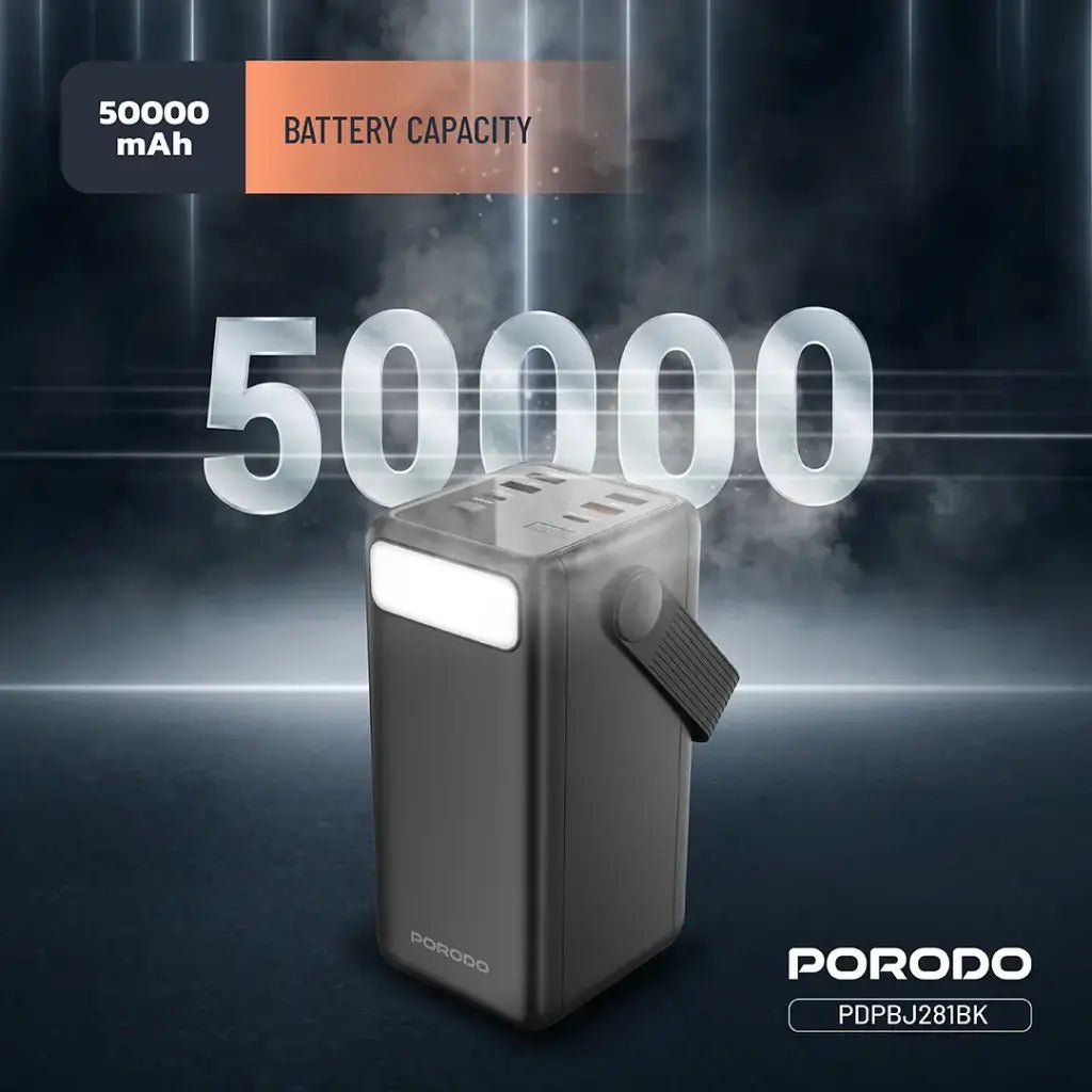 50,000mAh Power Bank Porodo Lara with Integrated Cables & Flashlight - Black - Saif Al Najmi KwPOWER STATIONPorodoSaif Al Najmi Kw50,000mAh Power Bank Porodo Lara with Integrated Cables & Flashlight - Black