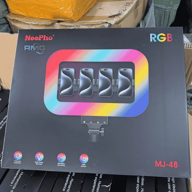 NeePho MJ-48 RGB Square Ring Light – 360° Rotation, 4 Phone Holders