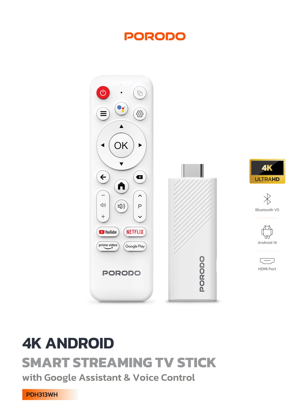 4K Android Smart Streaming TV Stick with Google Assistant & Voice Control / 16GB Internal Storage / RAM 2GB DDR3 / HDMI Port / Plug & Play Setup / Dual Band Wi-Fi  - White