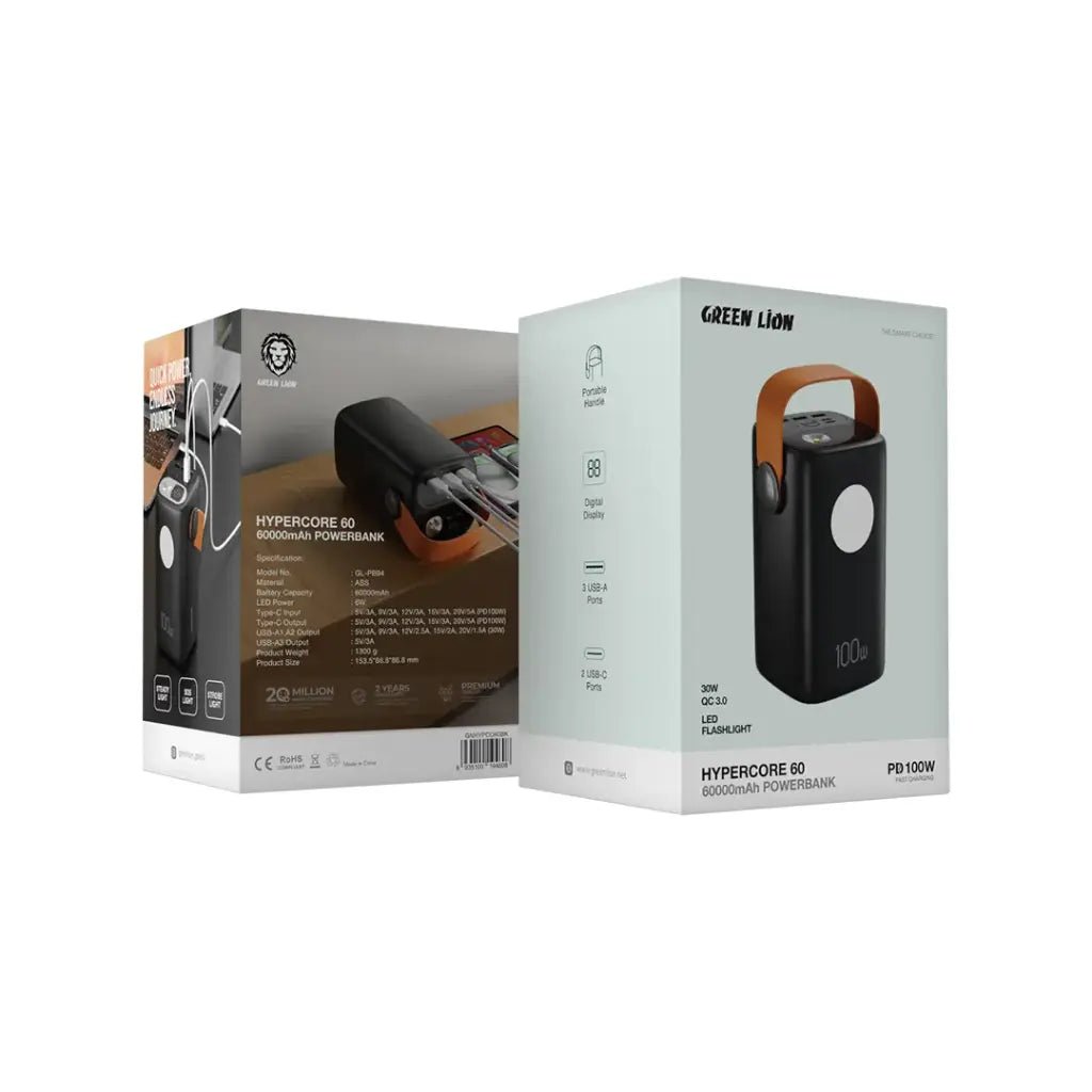 60,000mAh Power Bank Green Lion Hyper Core 100W Fast Charging - Black - Saif Al Najmi KwPower BanksGreen LionSaif Al Najmi Kw60,000mAh Power Bank Green Lion Hyper Core 100W Fast Charging - Black