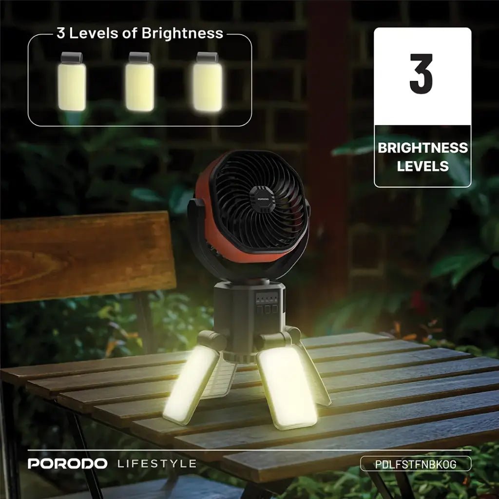 6000mAh Suncharge Solar Outdoor Fan LED Light Porodo - Black & Orange - Saif Al Najmi KwCooling FansPorodoSaif Al Najmi Kw6000mAh Suncharge Solar Outdoor Fan LED Light Porodo - Black & Orange