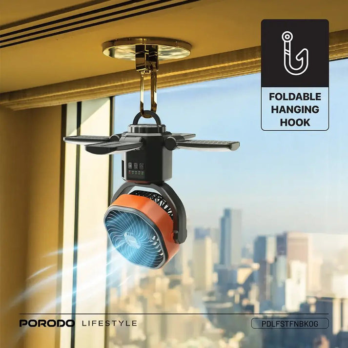 6000mAh Suncharge Solar Outdoor Fan LED Light Porodo - Black & Orange - Saif Al Najmi KwCooling FansPorodoSaif Al Najmi Kw6000mAh Suncharge Solar Outdoor Fan LED Light Porodo - Black & Orange