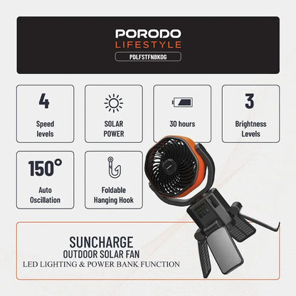 6000mAh Suncharge Solar Outdoor Fan LED Light Porodo - Black & Orange - Saif Al Najmi KwCooling FansPorodoSaif Al Najmi Kw6000mAh Suncharge Solar Outdoor Fan LED Light Porodo - Black & Orange
