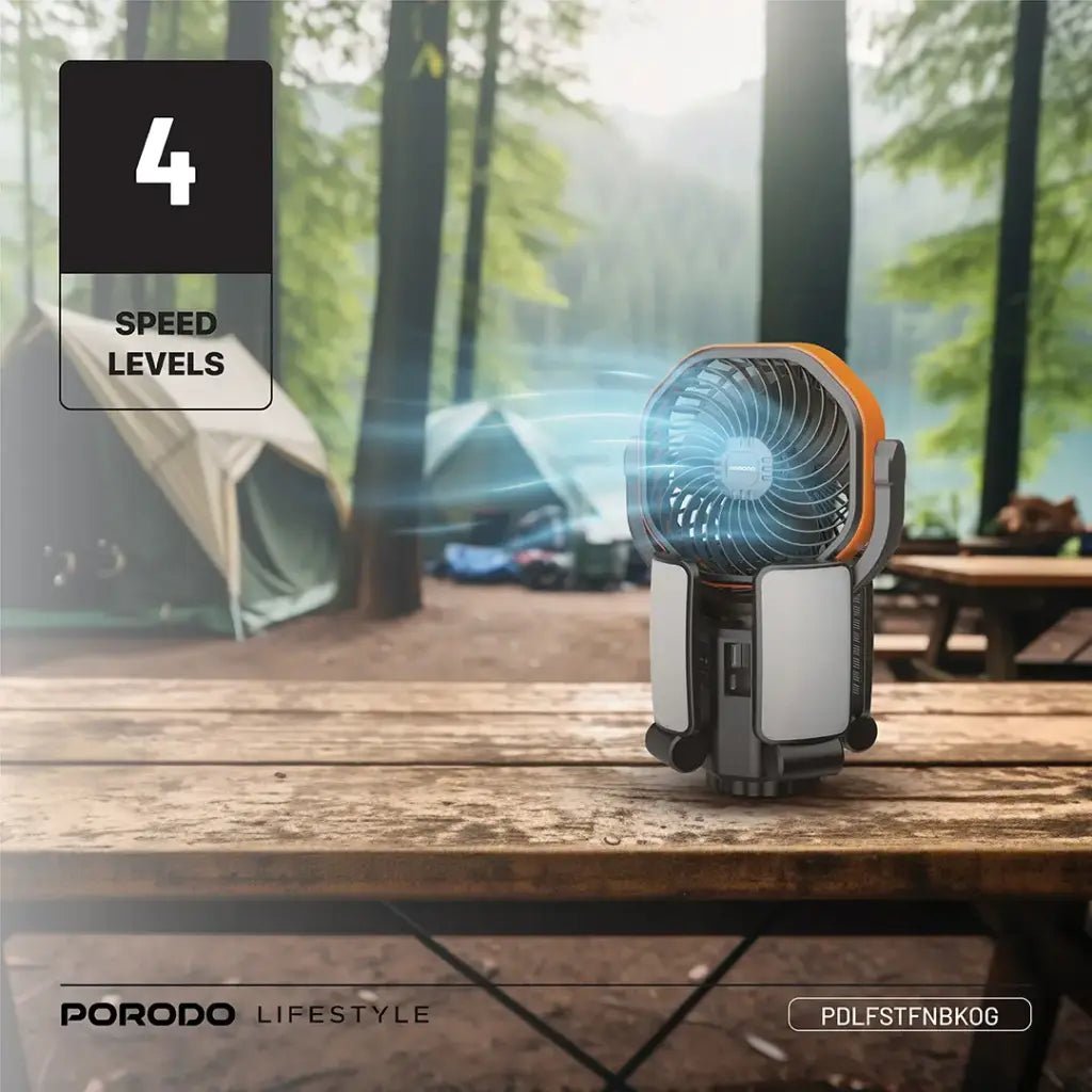 6000mAh Suncharge Solar Outdoor Fan LED Light Porodo - Black & Orange - Saif Al Najmi KwCooling FansPorodoSaif Al Najmi Kw6000mAh Suncharge Solar Outdoor Fan LED Light Porodo - Black & Orange
