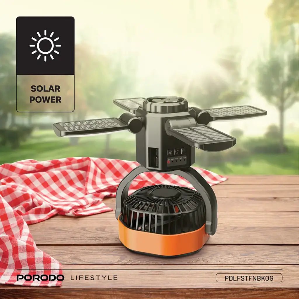 6000mAh Suncharge Solar Outdoor Fan LED Light Porodo - Black & Orange - Saif Al Najmi KwCooling FansPorodoSaif Al Najmi Kw6000mAh Suncharge Solar Outdoor Fan LED Light Porodo - Black & Orange