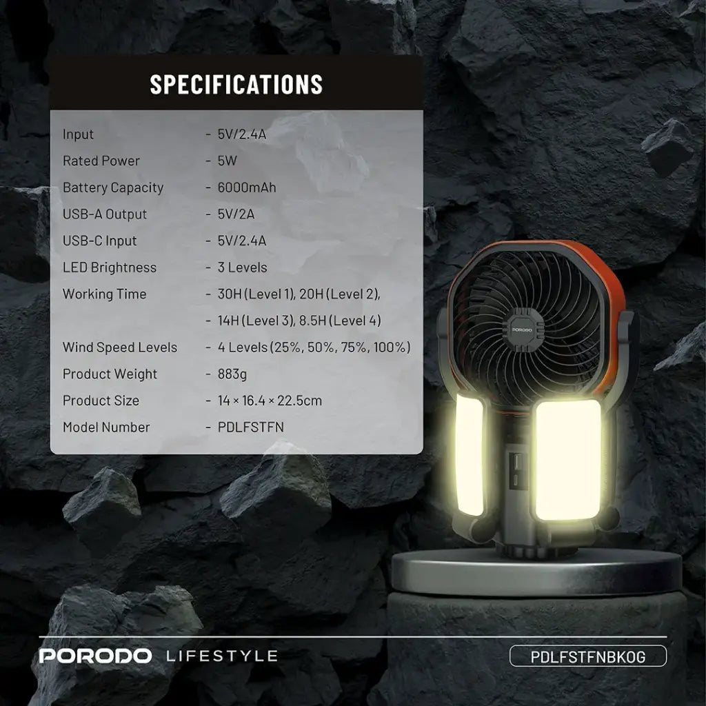 6000mAh Suncharge Solar Outdoor Fan LED Light Porodo - Black & Orange - Saif Al Najmi KwCooling FansPorodoSaif Al Najmi Kw6000mAh Suncharge Solar Outdoor Fan LED Light Porodo - Black & Orange