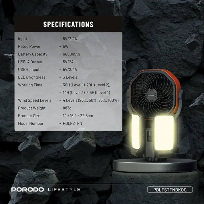 6000mAh Suncharge Solar Outdoor Fan LED Light Porodo - Black & Orange - Saif Al Najmi KwCooling FansPorodoSaif Al Najmi Kw6000mAh Suncharge Solar Outdoor Fan LED Light Porodo - Black & Orange