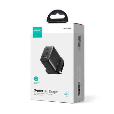 Joyroom 32W 3-Port Fast Charger (2 × USB-C + 1 × USB-A) – UK Plug, Black (JR-TCF10)