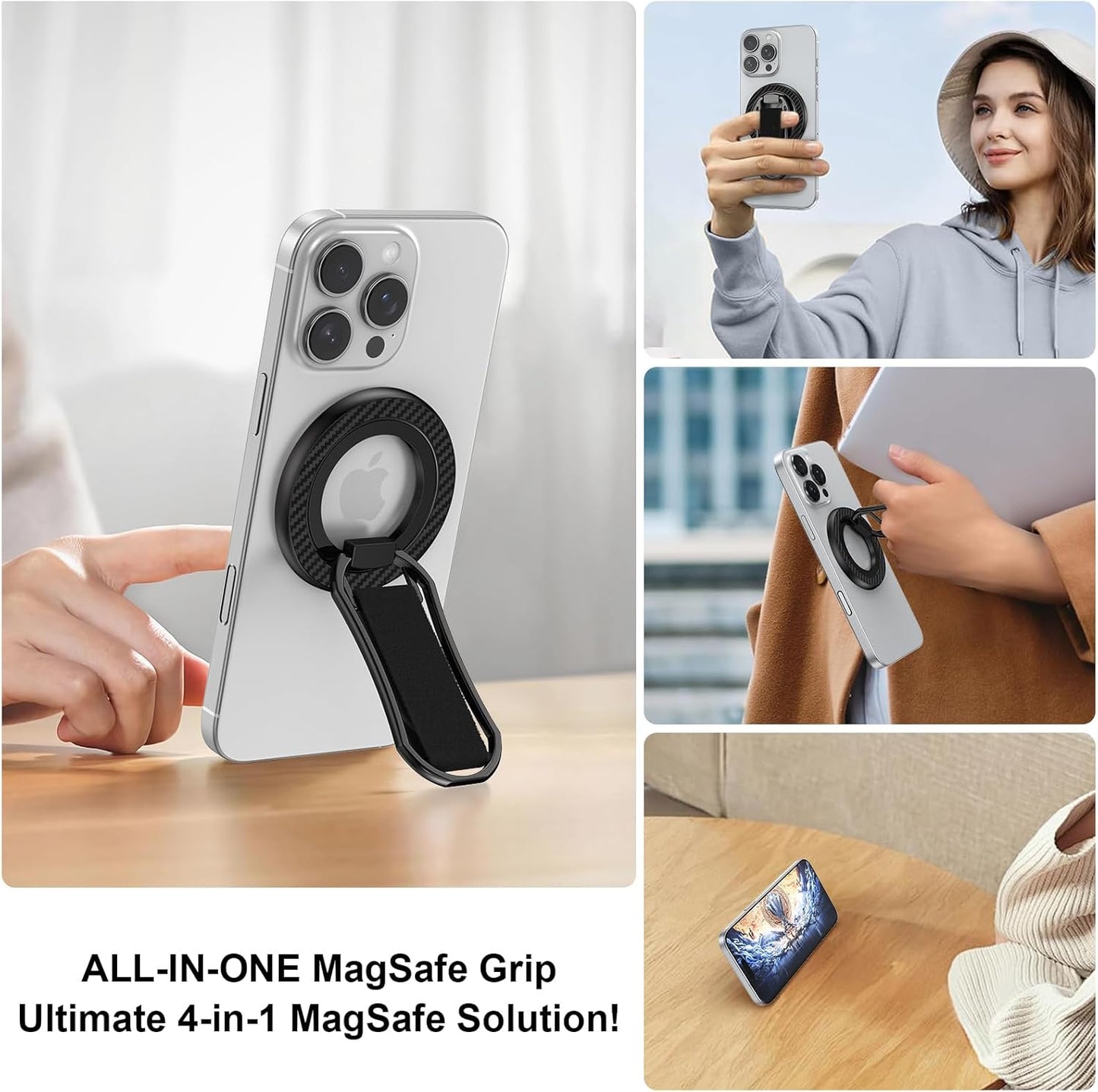 Universal Magnetic Phone Grip – 4-in-1 MagSafe Kickstand & Finger Ring Holder