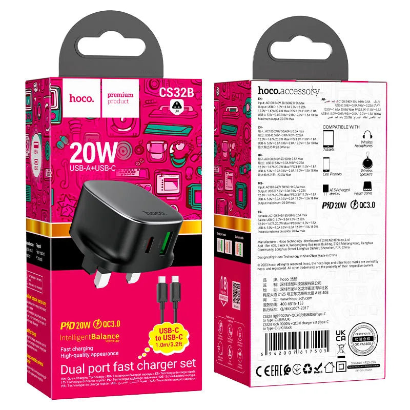 CS32B Rich PD20W QC3.0 Wall Charger with UK Cable Set