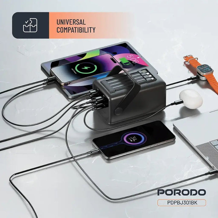 80000mAh Lara Power Bank Built - in Cables Porodo Fast Charge - Black - Saif Al Najmi KwPOWER STATIONPorodoSaif Al Najmi Kw80000mAh Lara Power Bank Built - in Cables Porodo Fast Charge - Black