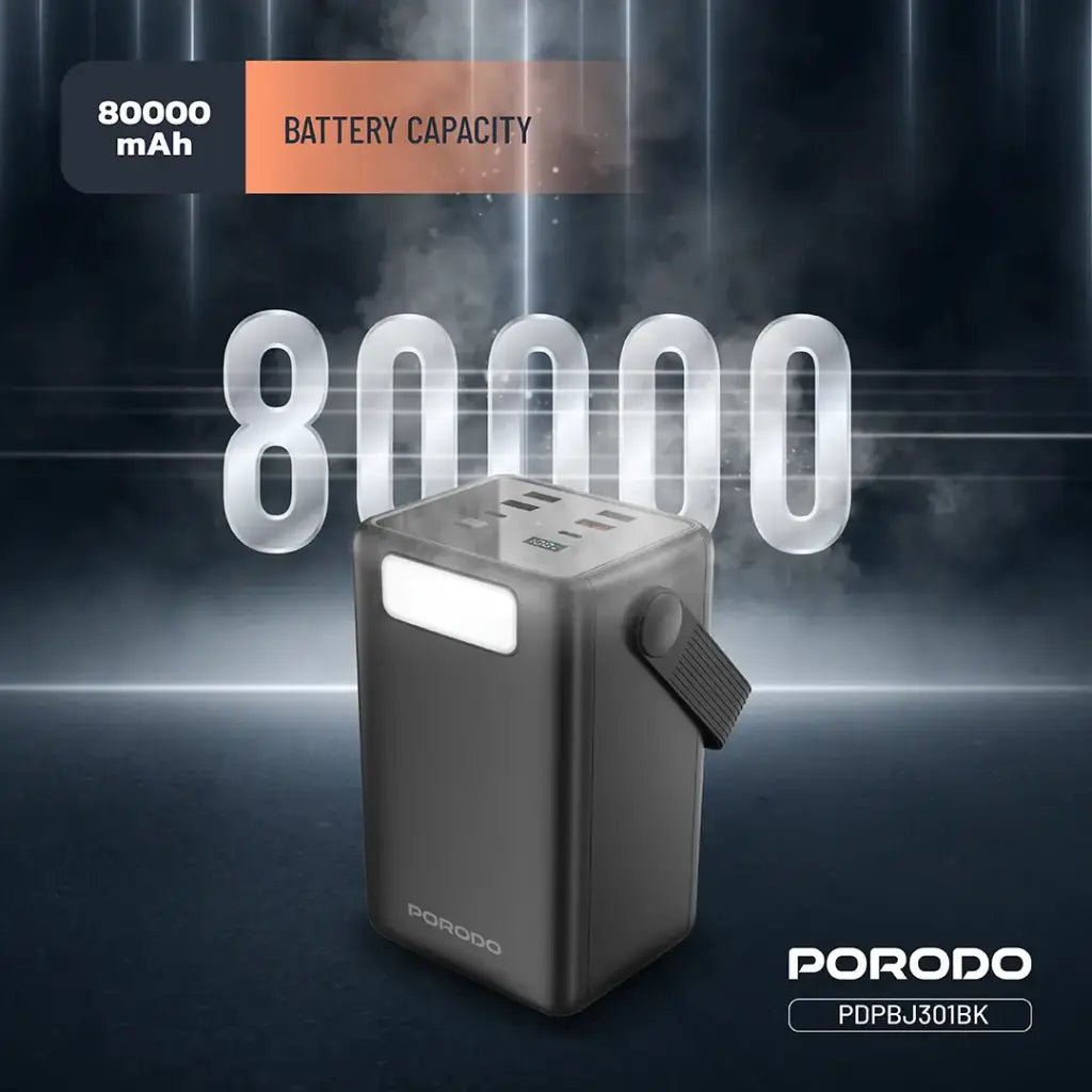 80000mAh Lara Power Bank Built - in Cables Porodo Fast Charge - Black - Saif Al Najmi KwPOWER STATIONPorodoSaif Al Najmi Kw80000mAh Lara Power Bank Built - in Cables Porodo Fast Charge - Black