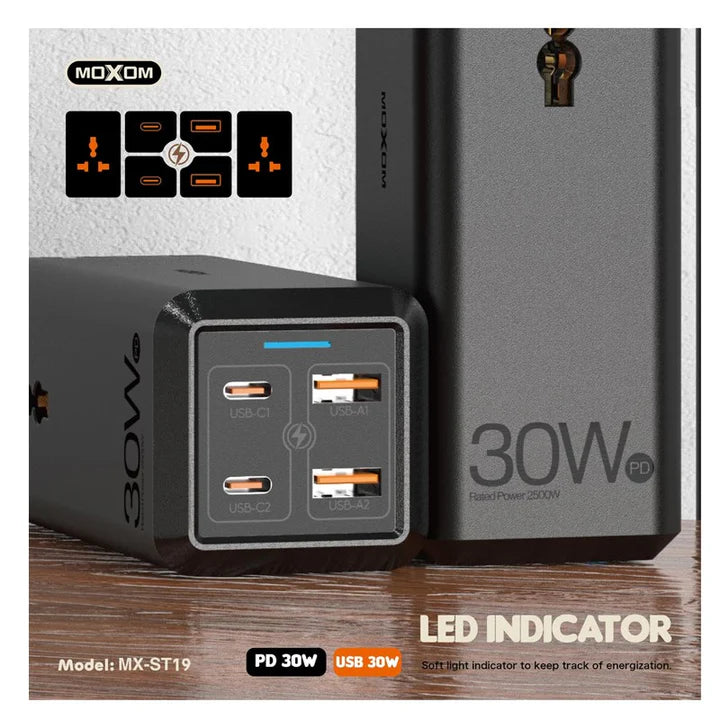 MOXOM MX-ST19 PD 30W 6 IN 1 2M UNIVERSAL SOCKET FAST CHARGER - Saif Al Najmi Kw