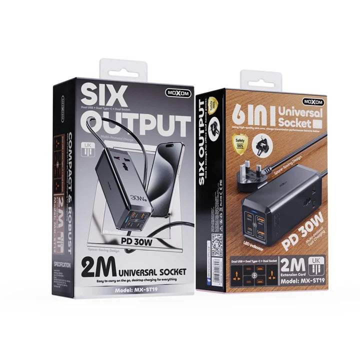 MOXOM MX-ST19 PD 30W 6 IN 1 2M UNIVERSAL SOCKET FAST CHARGER - Saif Al Najmi Kw