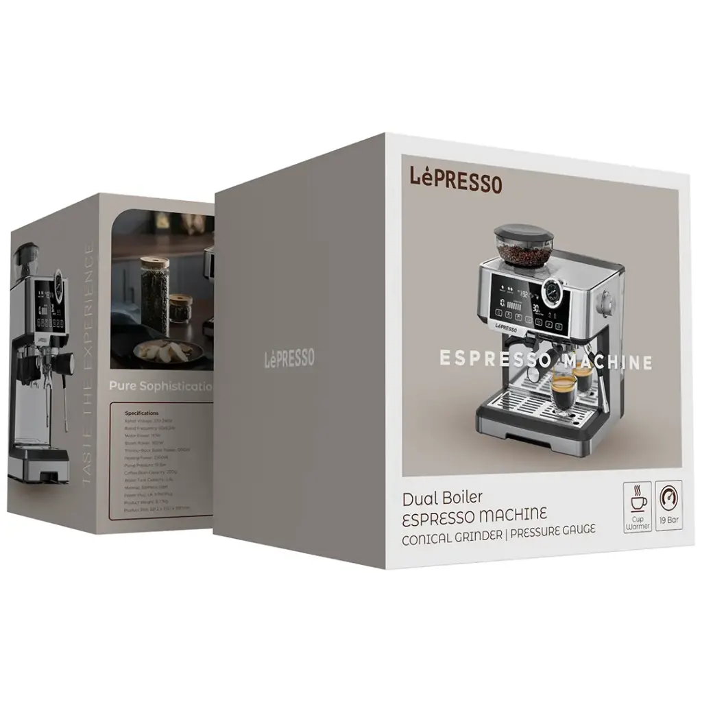 Lepresso Dual Boiler Espresso Machine with Conical Grinder & Pressure Gauge