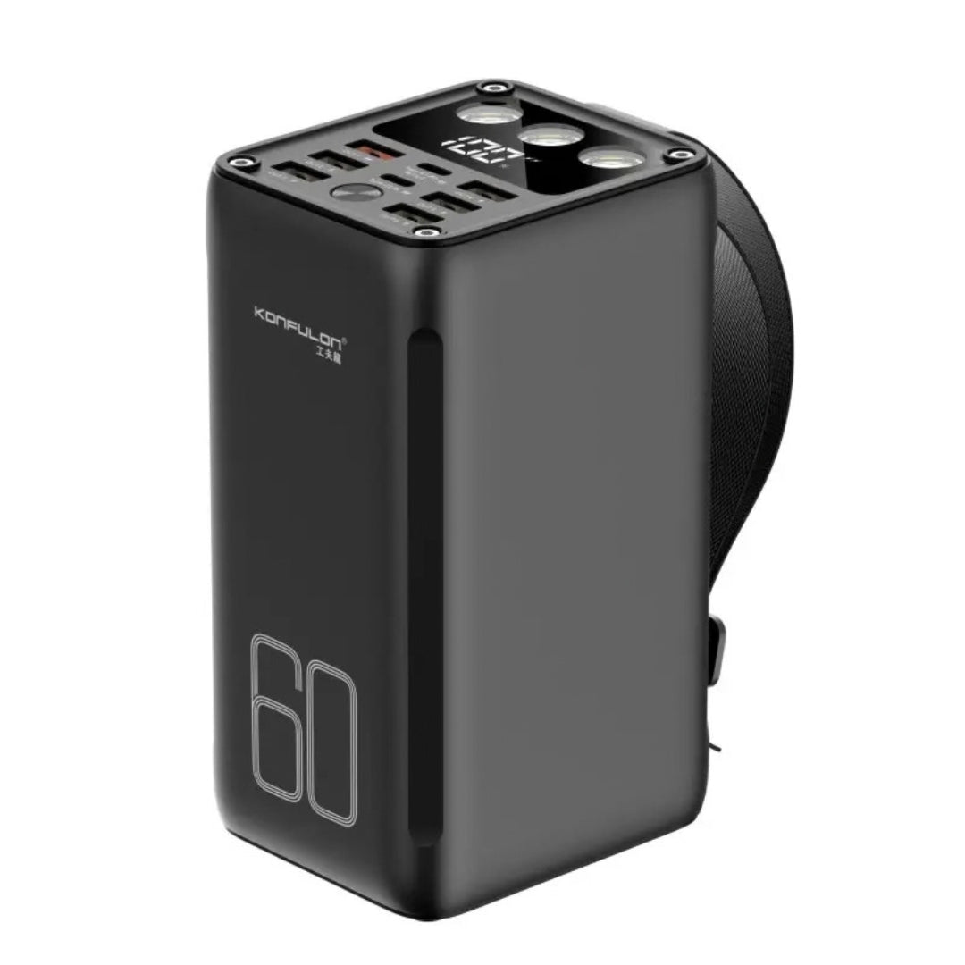 Konfulon A28SQ 60000mAh Power Bank with 30W PD Fast Charging, LED Floodlight & 7 Outputs – Black / Green