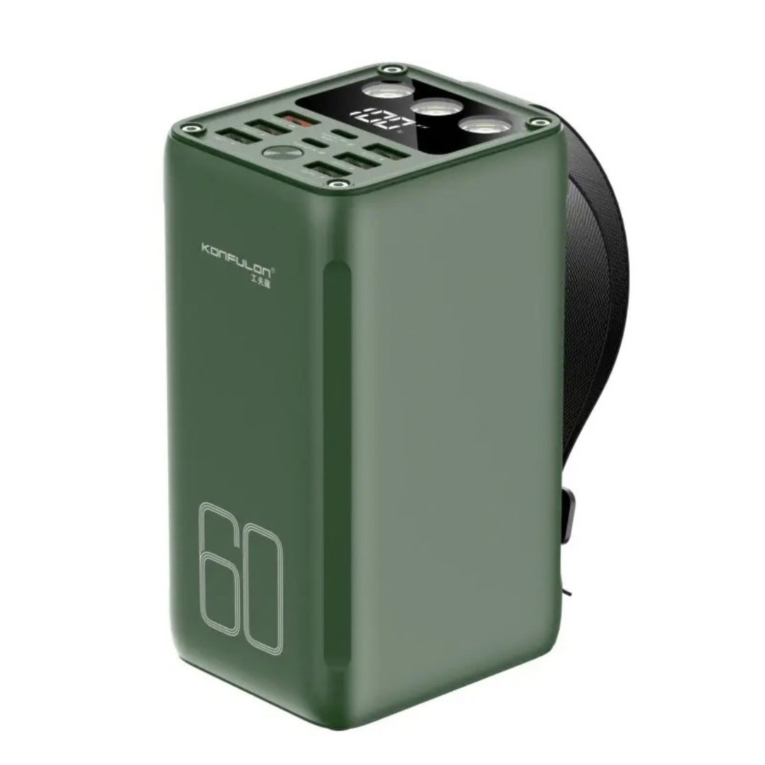 Konfulon A28SQ 60000mAh Power Bank with 30W PD Fast Charging, LED Floodlight & 7 Outputs – Black / Green