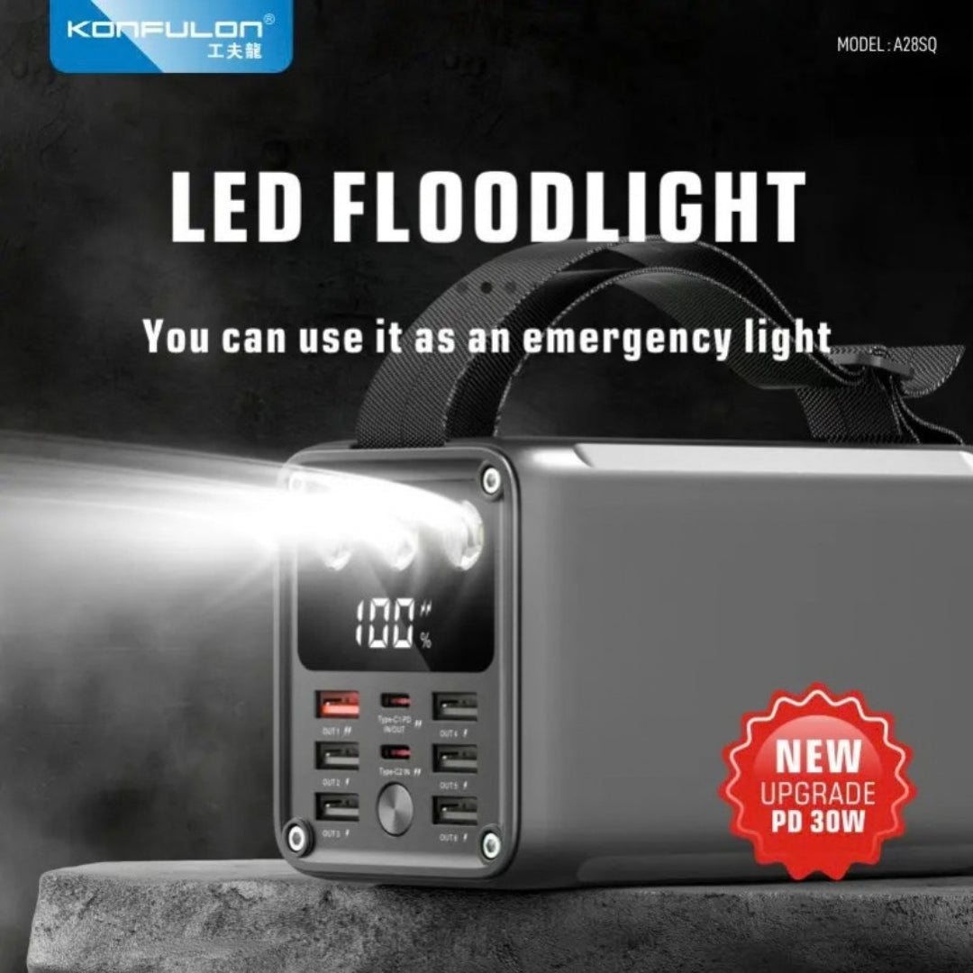Konfulon A28SQ 60000mAh Power Bank with 30W PD Fast Charging, LED Floodlight & 7 Outputs – Black / Green