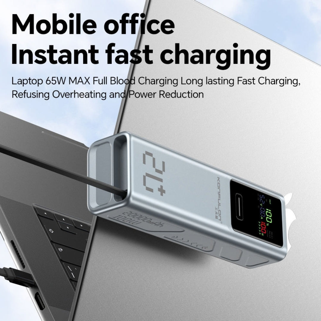 Konfulon A71Q 20000mAh 100W Fast Charging Power Bank with Built-In Type-C Cable & Digital Display
