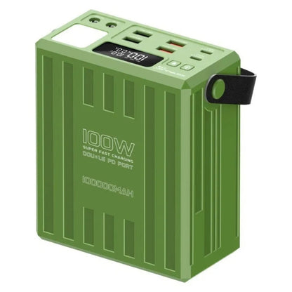Konfulon A78Q 100000mAh Power Bank with 100W PD Fast Charging, LED Camping Light & 7 Outputs – Grey / Green