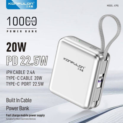 Konfulon A79Q 10000mAh 22.5W Fast Charging Power Bank with Built-In Type-C & Lightning Cables