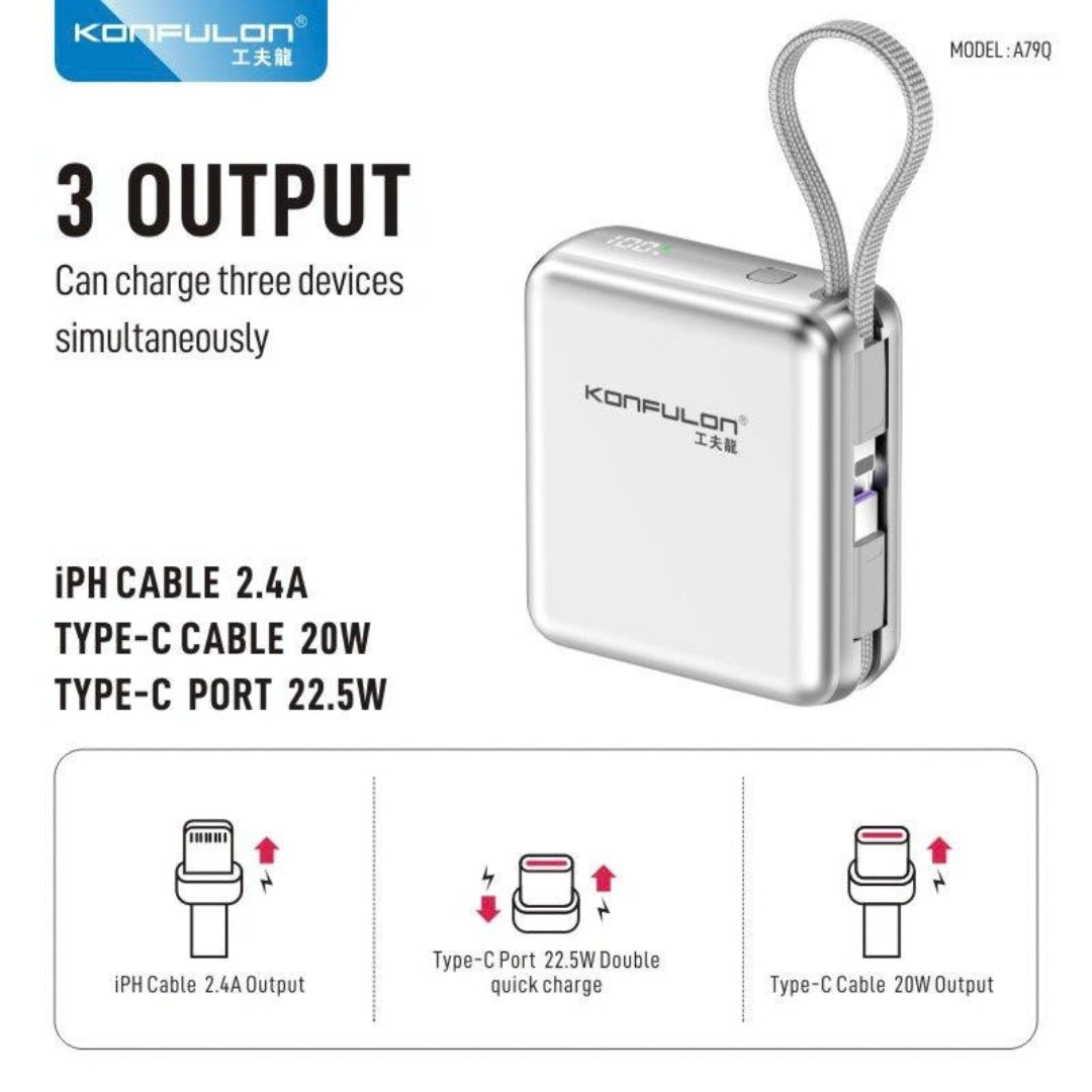 Konfulon A79Q 10000mAh 22.5W Fast Charging Power Bank with Built-In Type-C & Lightning Cables