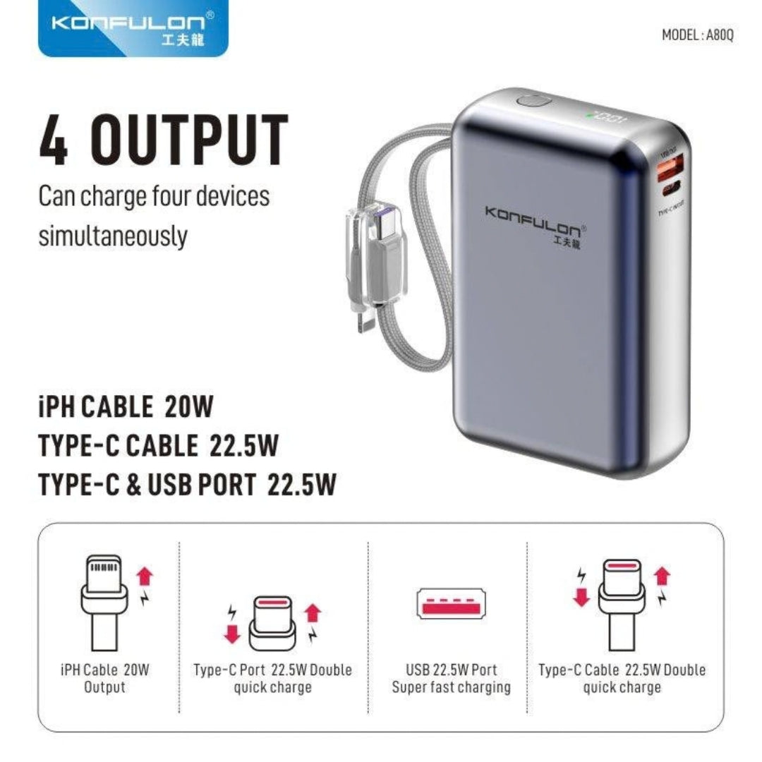 Konfulon A80Q 20000mAh 22.5W Fast Charging Power Bank with Built-In Lightning & Type-C Cables
