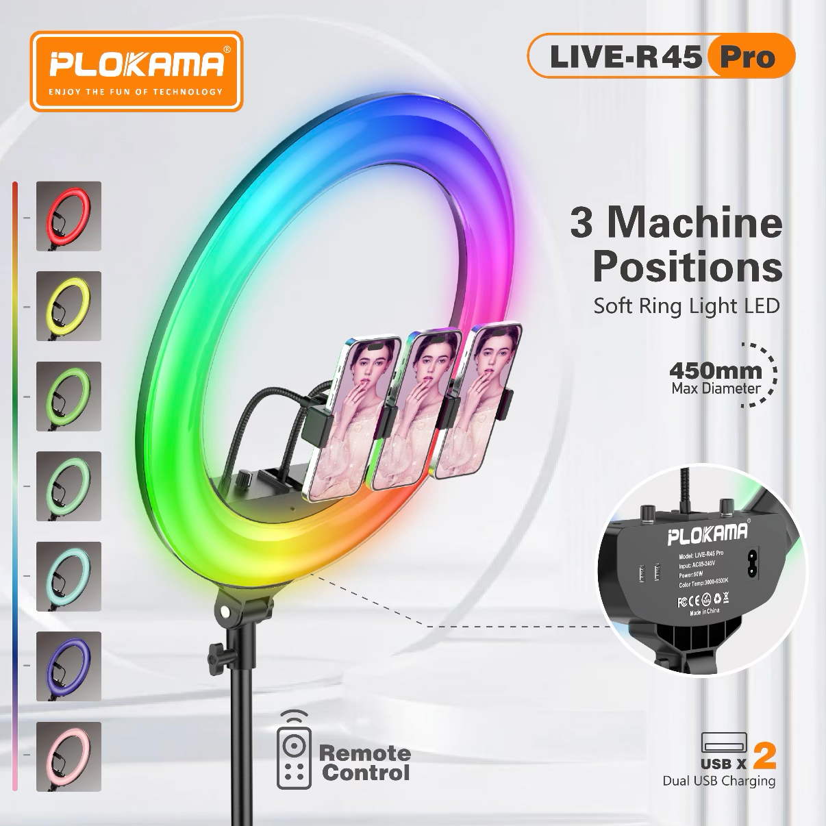 PLOKAMA LIVE-R45 Pro 18 Inch RGB LED Ring Light 450mm Studio Light