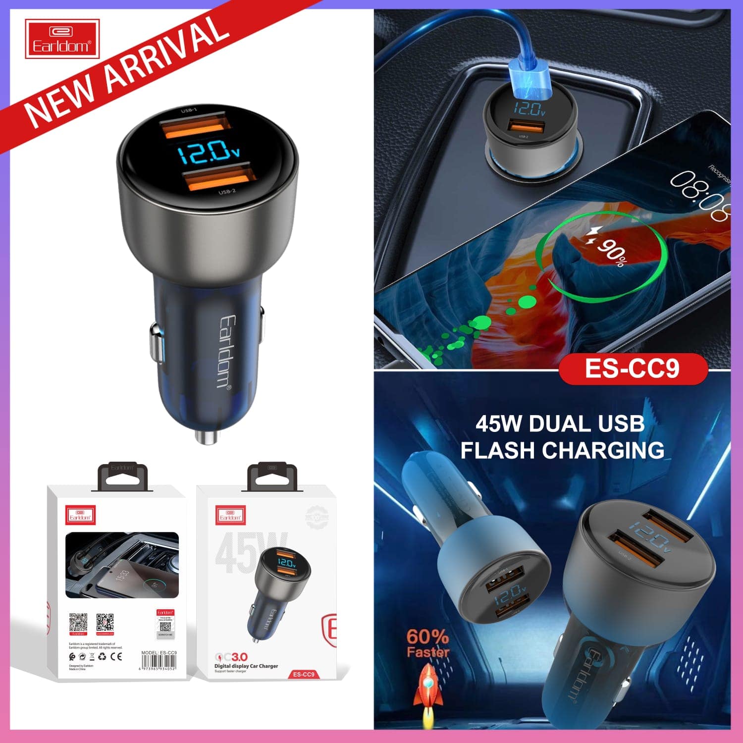 Earldom CC9 Digital Display Car Charger 45W - Saif Al Najmi Kw