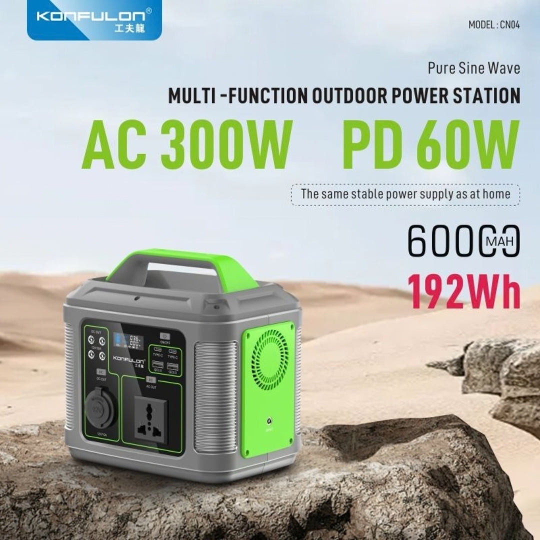 Konfulon CN04 60000mAh 192Wh Portable Power Station with 300W AC Output, 60W PD & Solar Charging