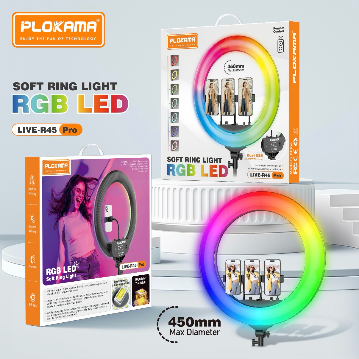PLOKAMA LIVE-R45 Pro 18 Inch RGB LED Ring Light 450mm Studio Light