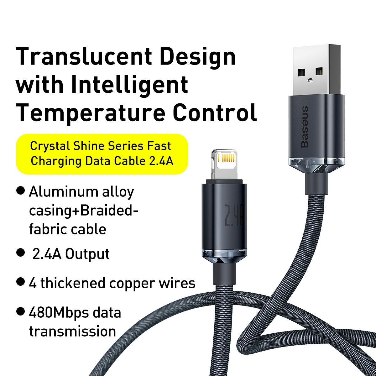Baseus Crystal Shine Series 2.4A Fast Charging USB to Lightning Data Cable 2m Black CAJY000101 - Saif Al Najmi Kw