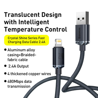 Baseus Crystal Shine Series 2.4A Fast Charging USB to Lightning Data Cable 2m Black CAJY000101 - Saif Al Najmi Kw