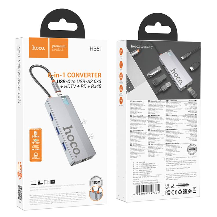 Hoco HB51 6-in-1 Type-C Multiport Converter – HDMI, RJ45, PD & 3x USB 3.0 Hub - Saif Al Najmi Kw