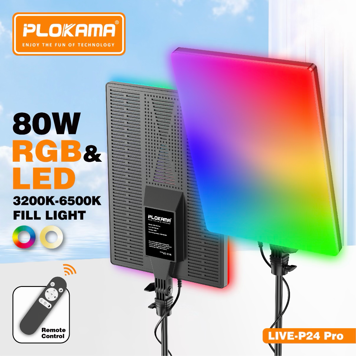 PLOKAMA LIVE-P24 Pro 80W RGB LED Fill Light Panel with Remote