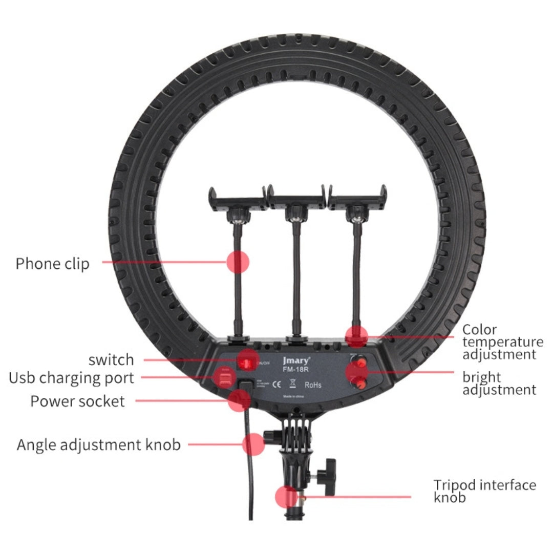 Jmary FM-18R 18-Inch Selfie Ring Light with Remote & 3 Phone Holders