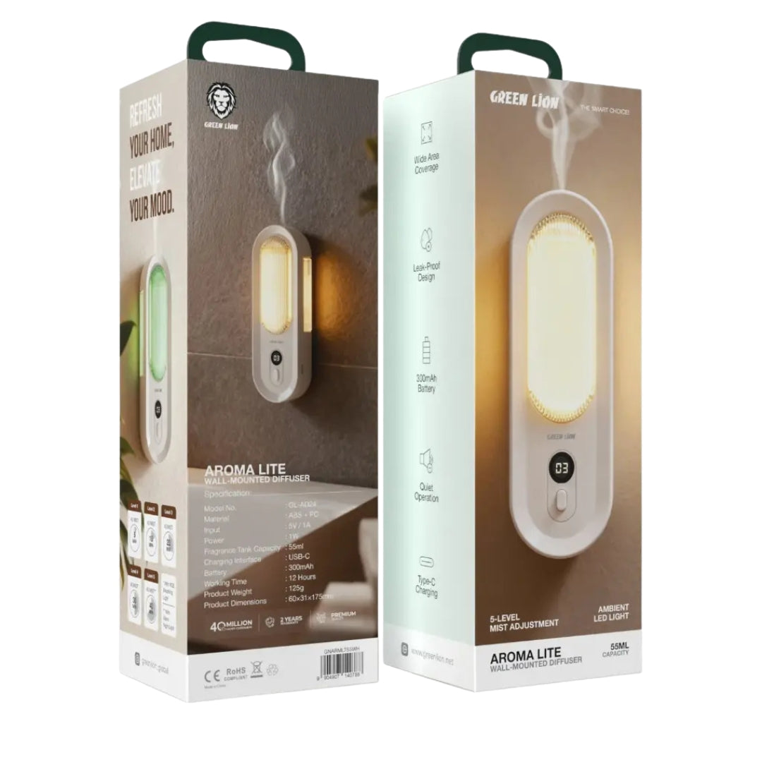 Green Lion Aroma Lite Wall-Mounted Diffuser 55ML with RGB Ambient Light – White