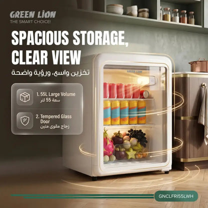 Green Lion Classic 55L Mini Fridge with Tempered Glass Door – White