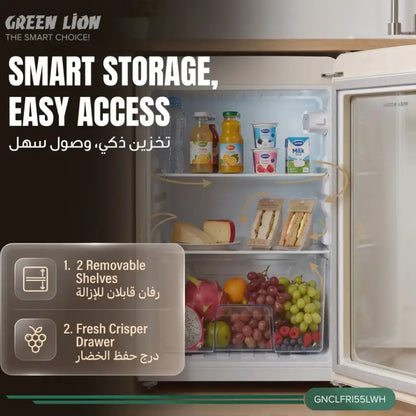 Green Lion Classic 55L Mini Fridge with Tempered Glass Door – White