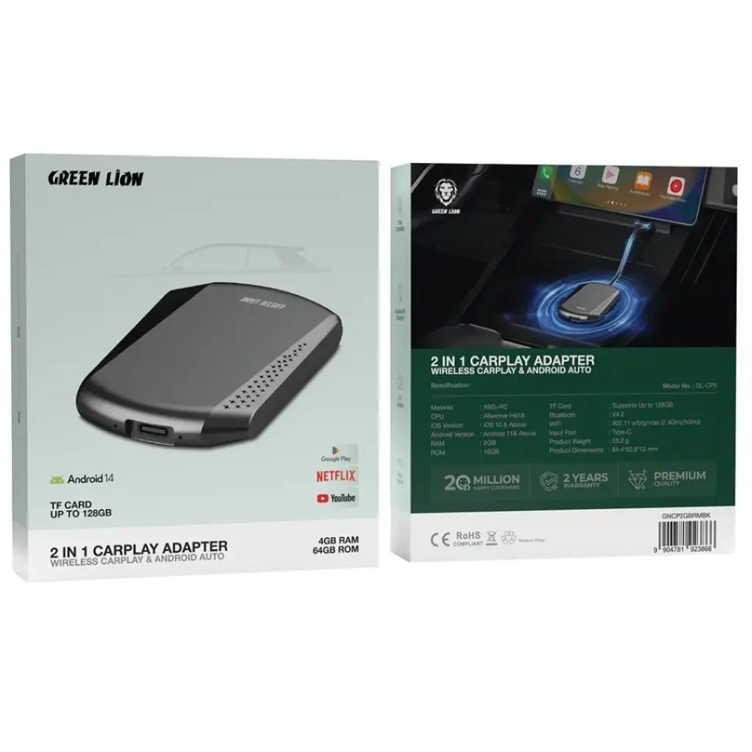 Green Lion 2-in-1 Wireless CarPlay & Android Auto Adapter 4GB RAM 64GB ROM – Black