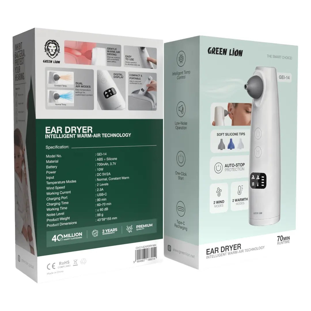Green Lion Ear Dryer with Intelligent Warm-Air Technology, Dual Wind Modes & Digital Display – White