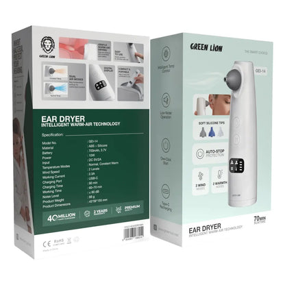 Green Lion Ear Dryer with Intelligent Warm-Air Technology, Dual Wind Modes & Digital Display – White