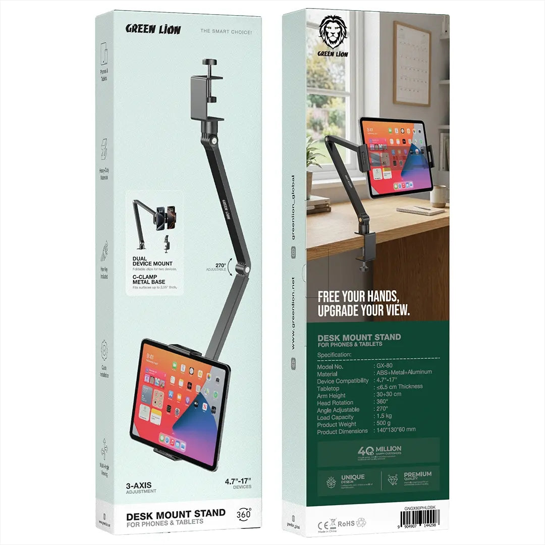 Green Lion Desk Mount Stand for Phones and Tablets – 4.7" to 17" – Black
