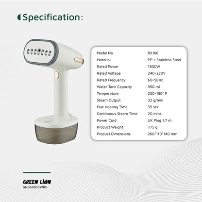 Green Lion Steam 1800W Garment Steamer Fast Fabric Care