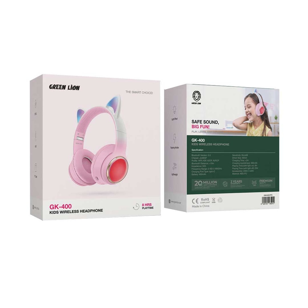 Green Lion Earbuds & Headphones GL-400 Kids Wireless Head Phone 20 Hours Playing Time Pink[GNK400HPPK]